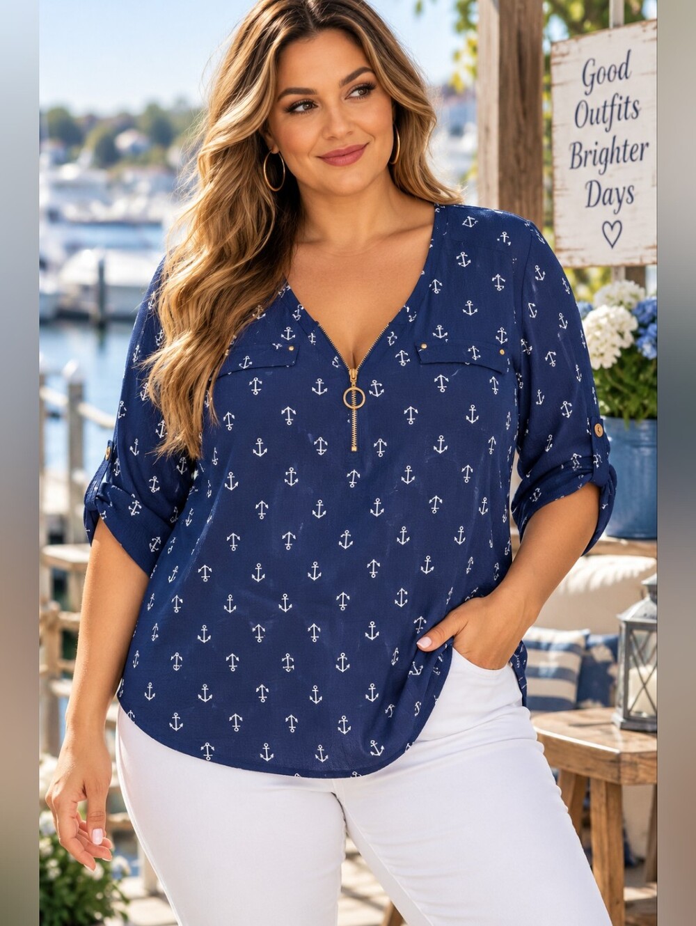 Tempted Los Angeles Navy Blue Anchor Print Zip-Front Roll-Tab Blouse Size 2X